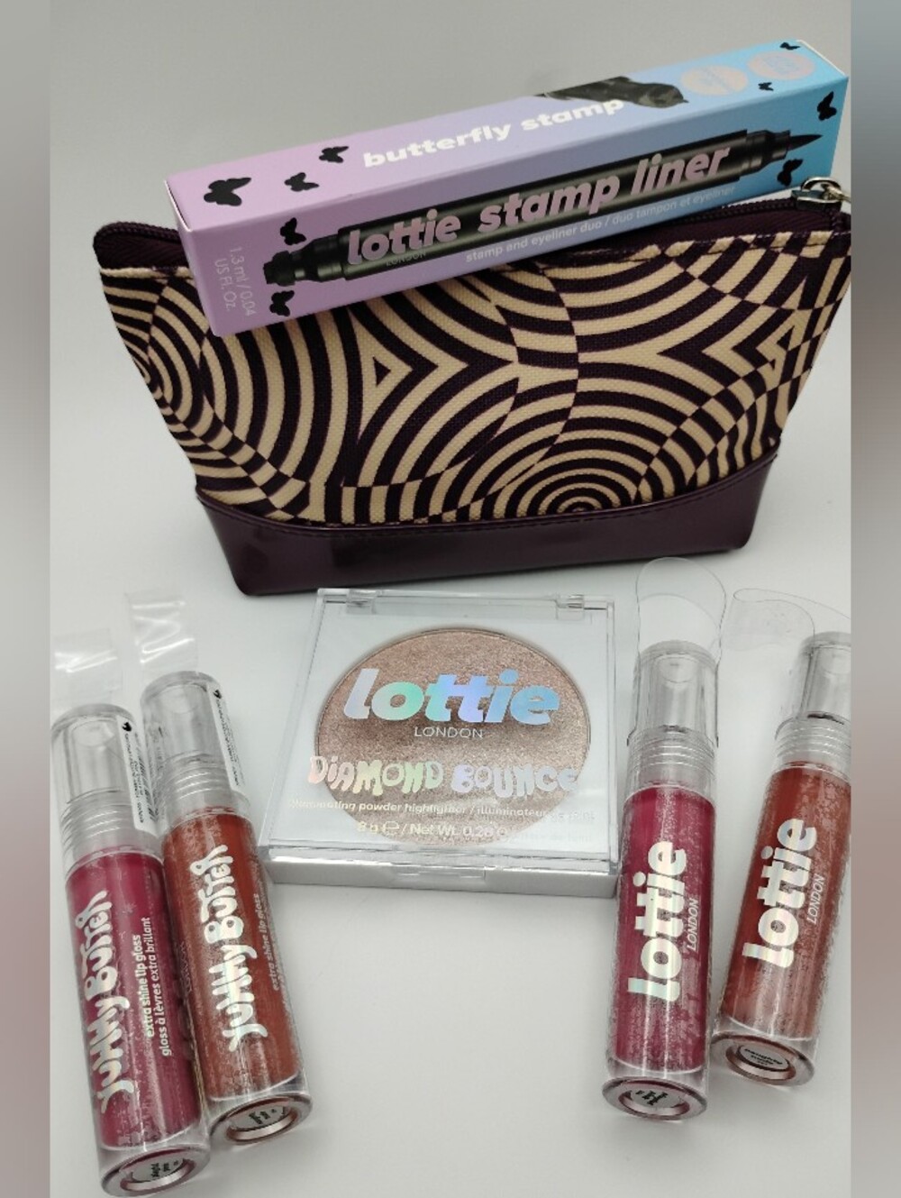 Lottie London Diamond Bounce Highlighter, Butterfly Stamp, & Lip Gloss Bundle